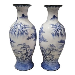 Pair of Vintage Chinese Cloisonné Vases | Blue & White Landscape Scene With Calligraphy For Sale