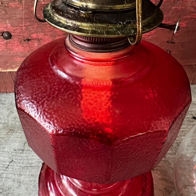 Metal Vintage Red Glass Oil Lamp With Clear Chimney & Brass Wick Holder For Sale - Image 7 of 15