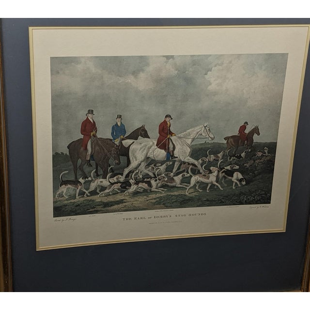 Large Vintage “The Earl of Derby’s Stag Hounds” Equestrian Artwork, Custom Framed Blue, Cream, Red For Sale In New York - Image 6 of 18