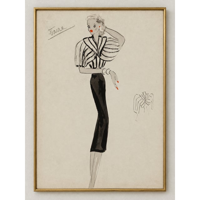 This vintage French fashion art print features an Art Deco woman wearing a sculptural white jacket with black band...