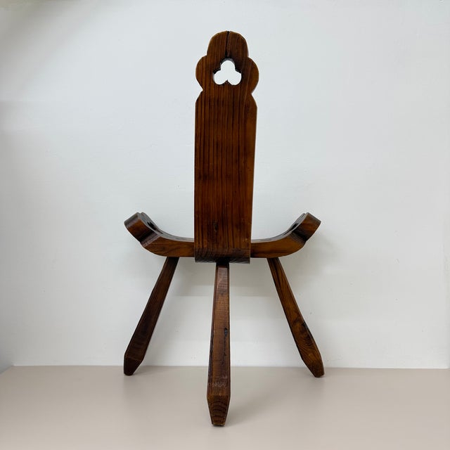 Spanish Brutalist Hand Carved Oak Tripod Chair, 1970s For Sale - Image 10 of 18