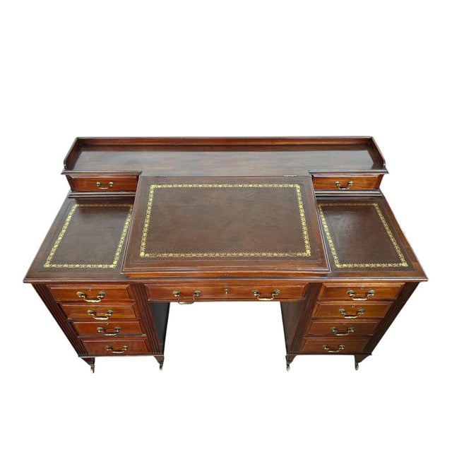Vintage Mahogany Partners Desk with Leather Inlay and Brass Hardware For Sale - Image 6 of 9