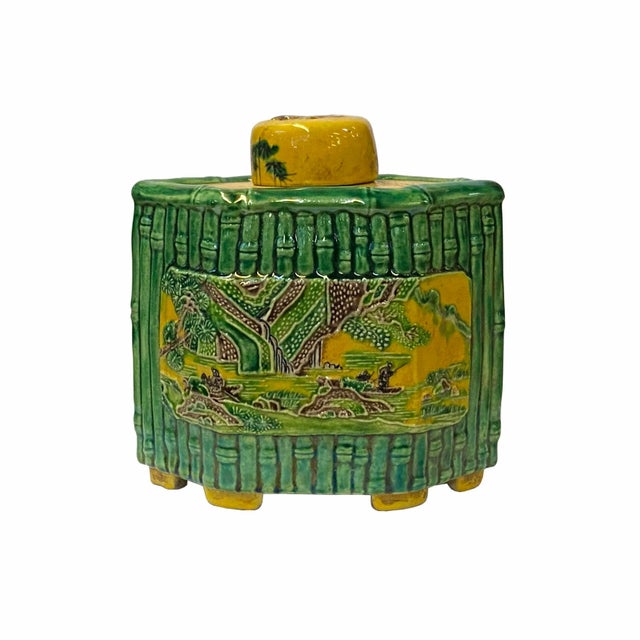 Chinese Yellow Green Scenery Theme Rhombus Ceramic Jar For Sale In San Francisco - Image 6 of 6
