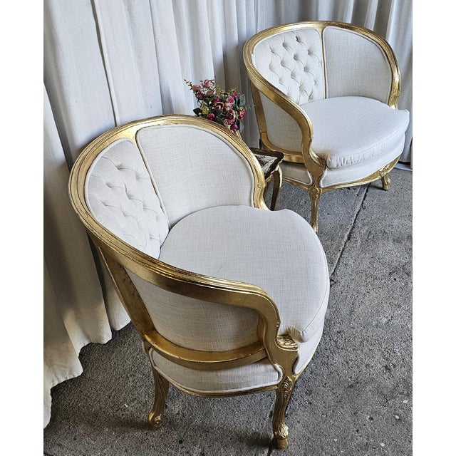 1920s French Gilt Wood Louis XV Style, Fauteuil Marquise Pair of Chairs, Tufted Chairs For Sale - Image 4 of 18
