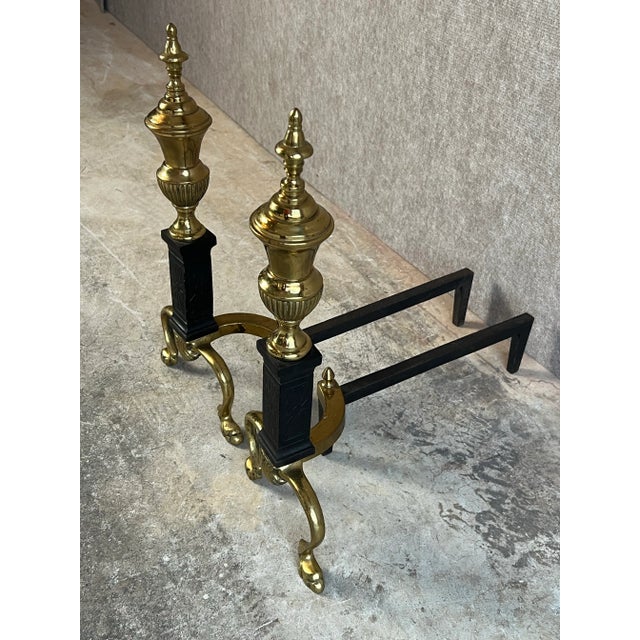 Gold Late 20th Century Regency Style Brass and Black Cast Iron Andirons - a Pair For Sale - Image 8 of 12