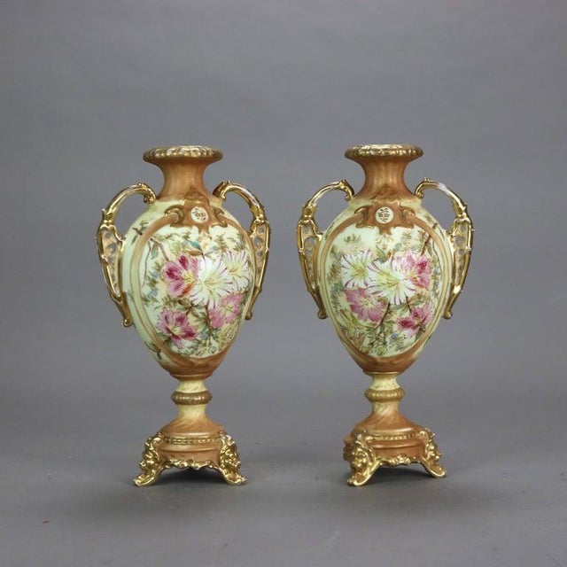 Pair Antique Rudolstadt Hand Painted and Gilt Porcelain Bolted Urns 1890s For Sale - Image 6 of 8