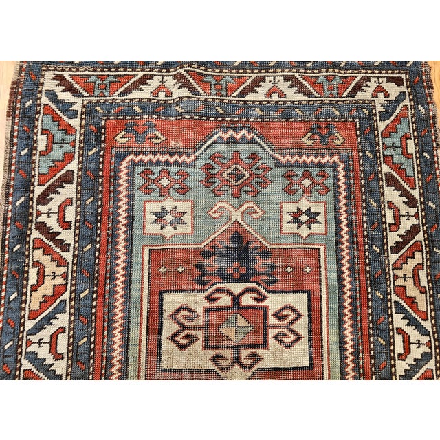 Tribal Antique Fachralo Kazak Area Rug in Red, Sage Green, Ivory, Blue For Sale - Image 3 of 14