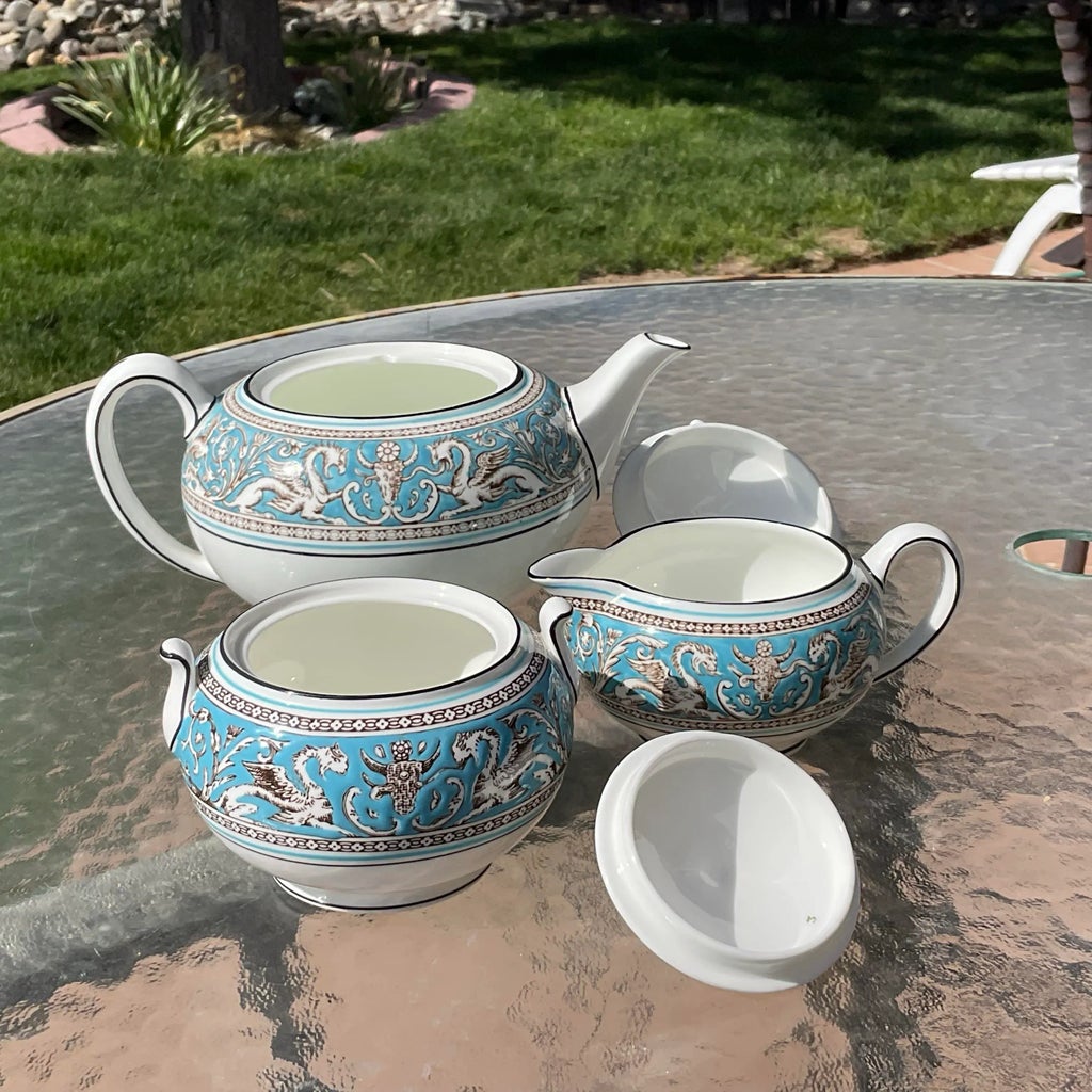 Wedgwood Turquoise Florentine Teapot, Cream and Sugar Set- 3 