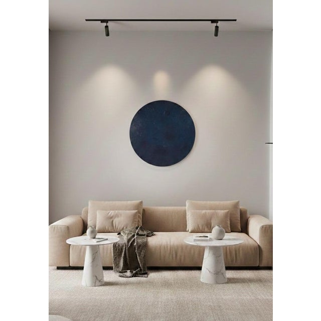 Contemporary Large Round Navy Blue Abstract Oil Painting, 35 Inch Circular Textured Wall Art, Modern Dark Blue Minimalist Impasto Decor for Living Room For Sale - Image 3 of 5