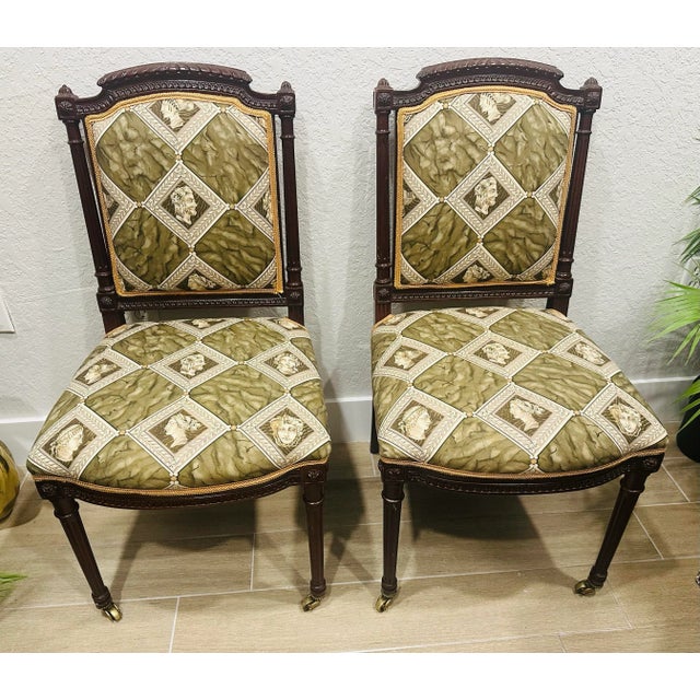 Rustic European A Pair of Mid 20th Century French Louis XVI Style Accent Chairs With New Classic Upholstery Versace Style For Sale - Image 3 of 10