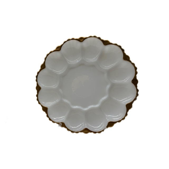 White Mid 20th Century Mid-Century Anchor Hocking Fire King Milk Glass 22kt Gold Trim Egg Plate - a Pair For Sale - Image 8 of 10