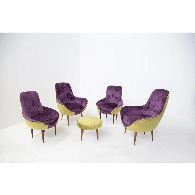 Set of Vintage Wooden Armchairs in Purple and Green Velvet For Sale - Image 10 of 11