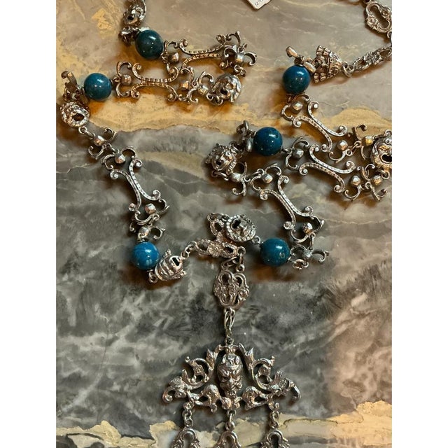 Vintage Ornate Silver Necklace With Blue Stones For Sale - Image 11 of 11