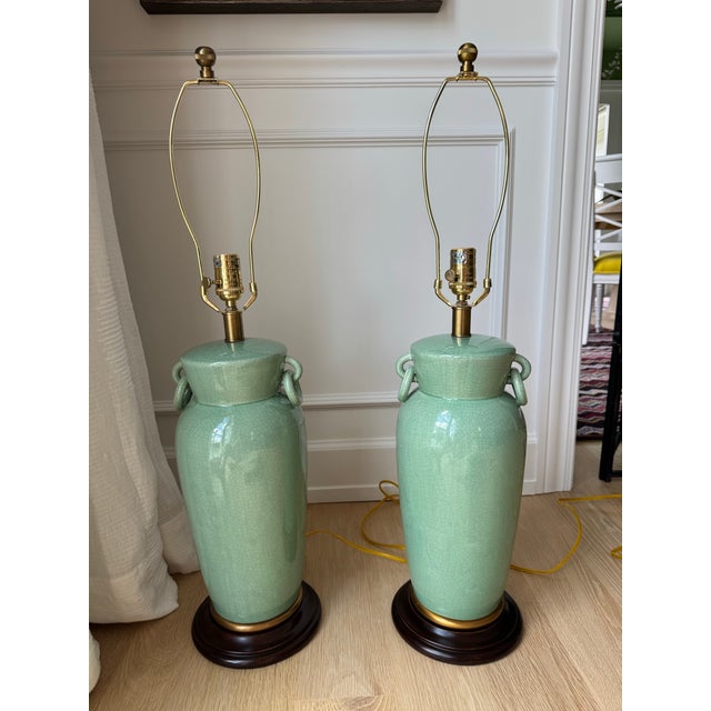 Chinoiserie Pair of Frederick Cooper Celadon Crackle Glazed Ceramic Urn Lamps, Late 20th Century For Sale - Image 3 of 12