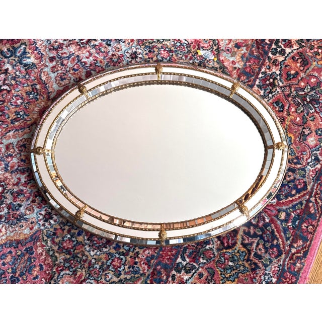 Late 20th Century Hollywood Regency Oval Wall Mirror With Brass Accents For Sale - Image 5 of 12