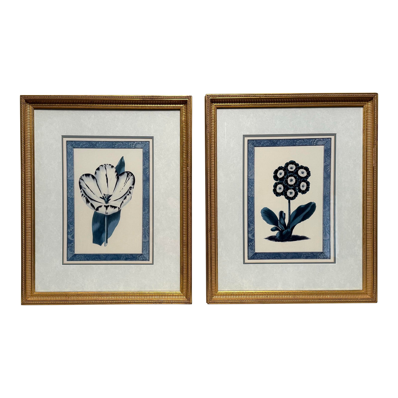 Late 20th Century Traditional Victorian Blue Floral Botanical Gold ...
