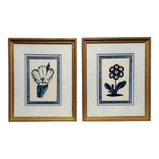 Vintage Traditional Victorian Blue Floral Botanical Gold Framed Reproduction Prints, a Pair For Sale