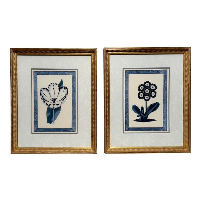 Vintage Traditional Victorian Blue Floral Botanical Gold Framed Reproduction Prints, a Pair For Sale