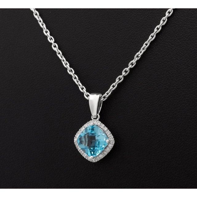 14k White Gold Blue Topaz Diamond Pendant Necklace For Sale - Image 4 of 8