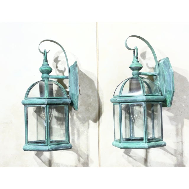 Small Pair of Vintage-Style Solid Brass Wall Lanterns Sconces- 12”25 X 6” X6” For Sale In Miami - Image 6 of 11