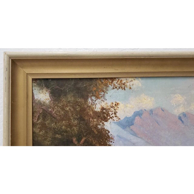 Western Mountain Landscape with Oxen Wagon 20th c. Purple Mountain Majesty! Beautiful landscape oil painting of an ox...