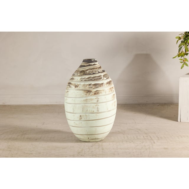 Large Artisan Cream Glazed Ceramic Vase with Brown Striated Bands For Sale - Image 12 of 17