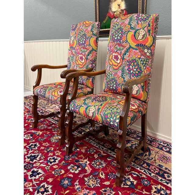 Antique Pair of Catalan Style Carved Oak Recently Upholstered Armchairs C. 1920s For Sale - Image 4 of 18