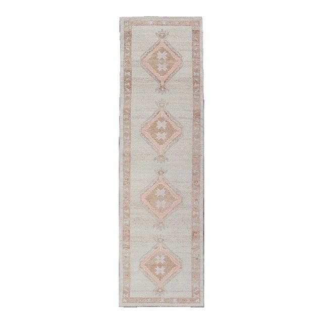 Turkish Oushak Runner With Soft Ivory Field and Peach Geometric Medallions For Sale