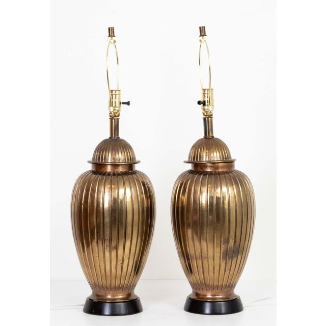 Pair Ribbed Brass Lamps. Rewired and ready to use. Good overall condition