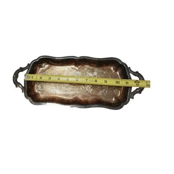 Antique Leonard 11" Serving Tray Footed Handles Silverplate Patina Aged Vintage For Sale - Image 10 of 16