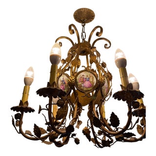 Vintage Gilt Metal & Hand-Painted Porcelain Medallion Chandelier, Rococo Revival Style For Sale