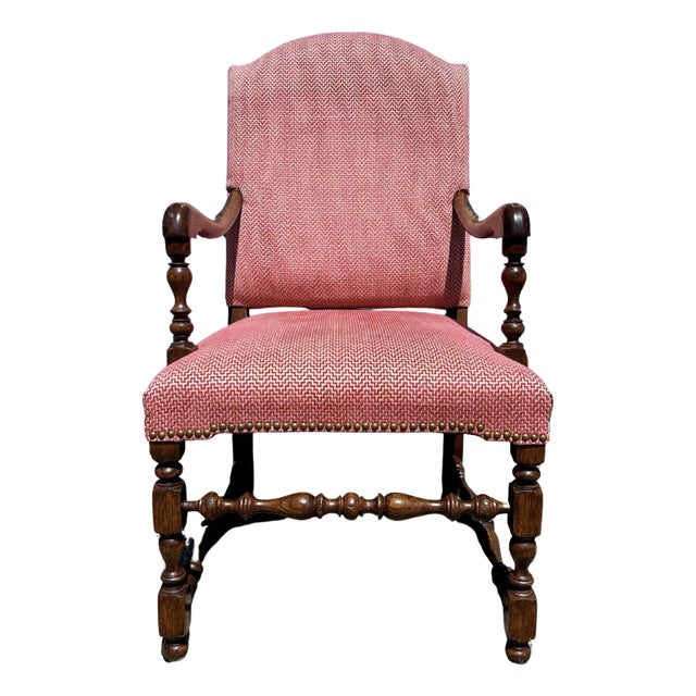 Vintage Louis XIII Style Walnut Fauteuil Armchairs – Red and Ivory Chevron Upholstery Elevate your interiors with this...