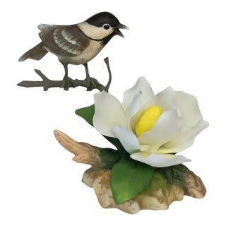 Rare Andrea by Sadek White Magnolia With Chickadee Porcelain Figurine With Box For Sale