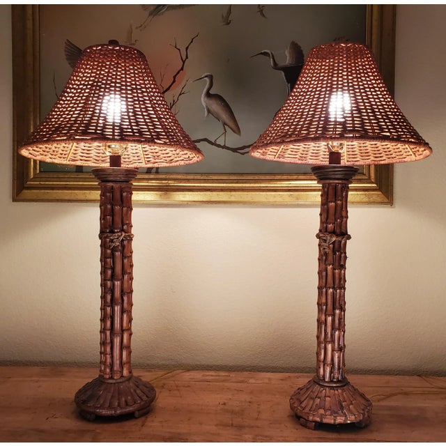 Vintage Pair Mid 20th Century Rattan Bamboo Table Lamps With Woven Rattan/Wicker Lamp Shades For Sale In San Diego - Image 6 of 12