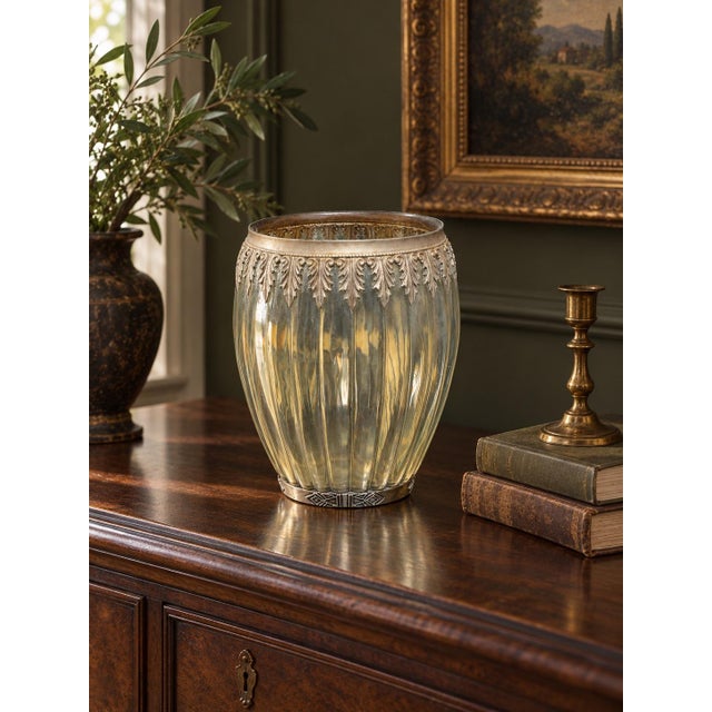 Hollywood Regency Vintage Neoclassical Ribbed Glass Vase With Silver-Gilt Acanthus Mounts For Sale - Image 3 of 5