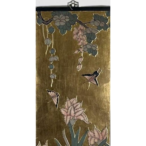 Vintage Chinese Chinoiserie Gilt Wood Wall Panels Panoramic Wisteria and Iris Floral Scene Set of Four For Sale - Image 9 of 18