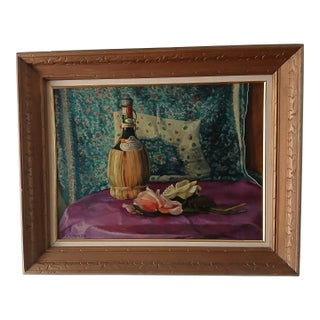Mid 20th Century Victor Harles Chianti and Blossoms - Still Life Oil on Board For Sale
