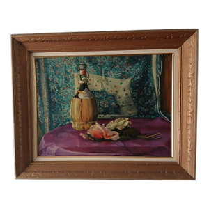 Mid 20th Century Victor Harles Chianti and Blossoms - Still Life Oil on Board