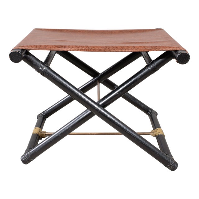 McGuire Campaign Style Lacquered Oak X Form Stool For Sale