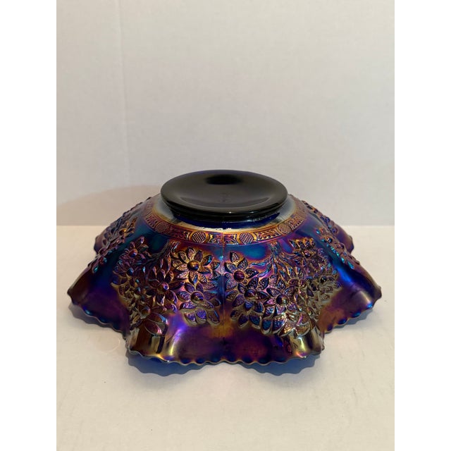 Glass Fenton Cobalt Blue Marigold Carnival Glass Cherry Chain Scalloped Bowl For Sale - Image 7 of 11