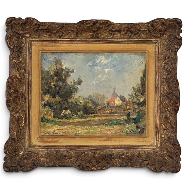 Wood Framed Oil Painting on Panel by Lucien Dasselborne (1873–1962) 'Country Road to a Farmstead' For Sale - Image 7 of 17