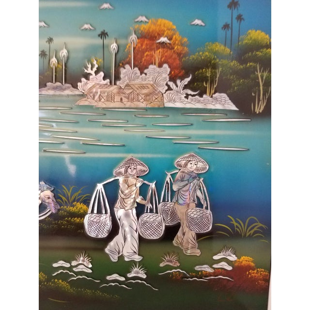 Chinese 1980s Asian Black Lacquer and Mother of Pearl Signed Wood Wall Hanging. For Sale - Image 3 of 8