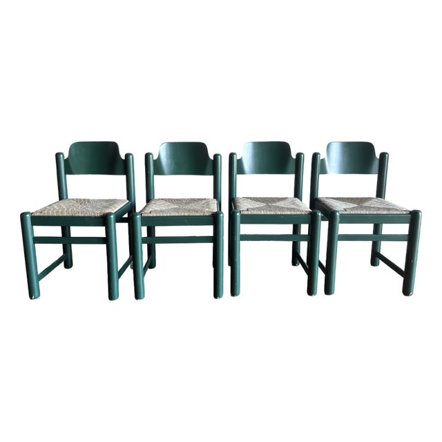 1970s Mid Century Green Padova Chairs With Striated Woven Rush Seats Attributed to Hank Lowenstein For Sale
