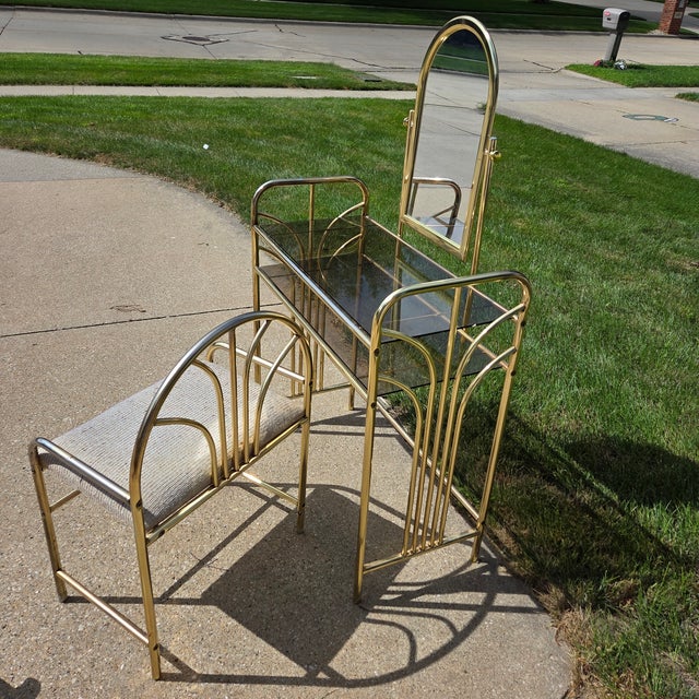 Mid 20th Century Brass Vanity Table and Matching Bench - Set of 2 For Sale - Image 6 of 7
