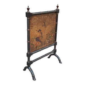 Chinese Black Painted Faux Bamboo and Gold Florals Fireplace Screen