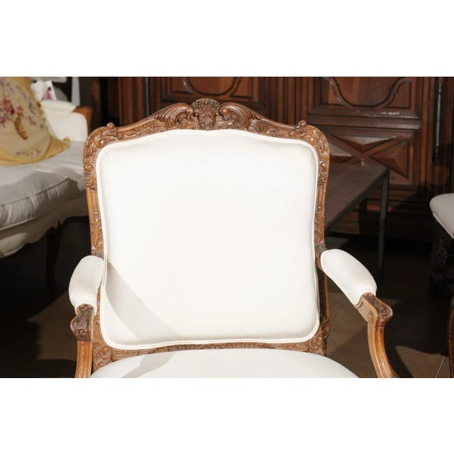 White Italian 19th Century Rococo Style Carved Walnut Upholstered Armchairs - A Pair For Sale - Image 8 of 12