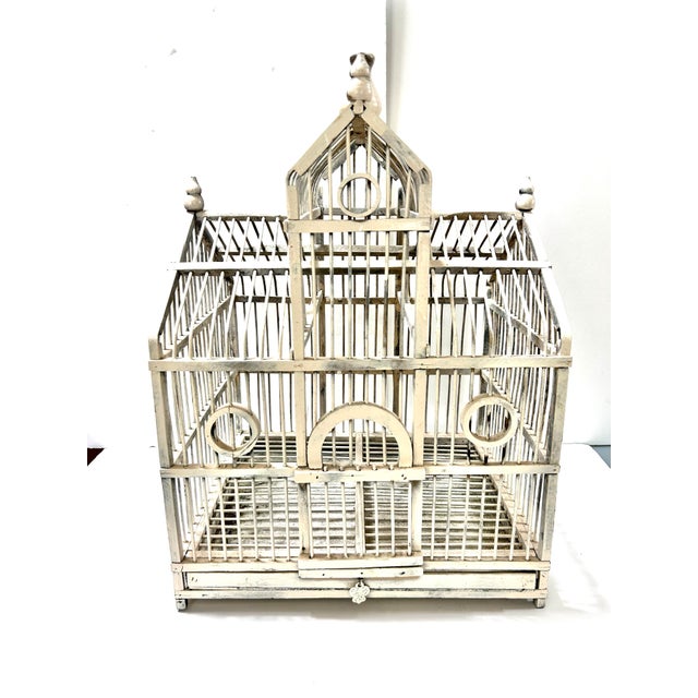 Farmhouse Vintage French-Style Wood & Wire Architectural Birdcage With Chippy White Finish For Sale - Image 3 of 8