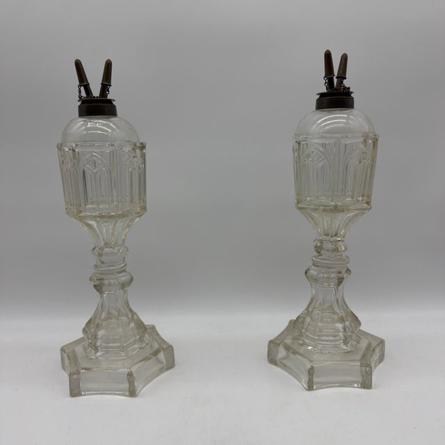 1850s Gothic Arch Pressed-Glass Oil Lamps, Attributed to Boston & Sandwich, - Pair For Sale - Image 14 of 18