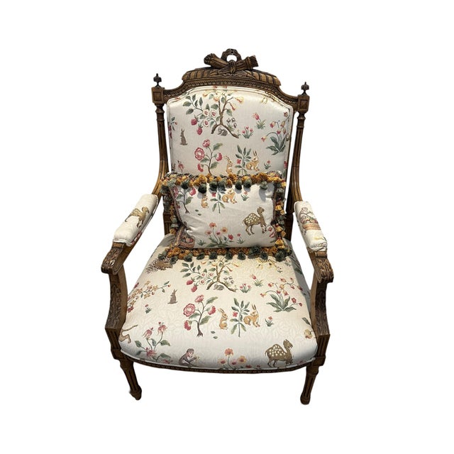 French Stunning Pair of Louis XVI Fluted Chairs With Custom Tracers & Co. Cluny Lampis Brocade Upholstery For Sale - Image 3 of 16