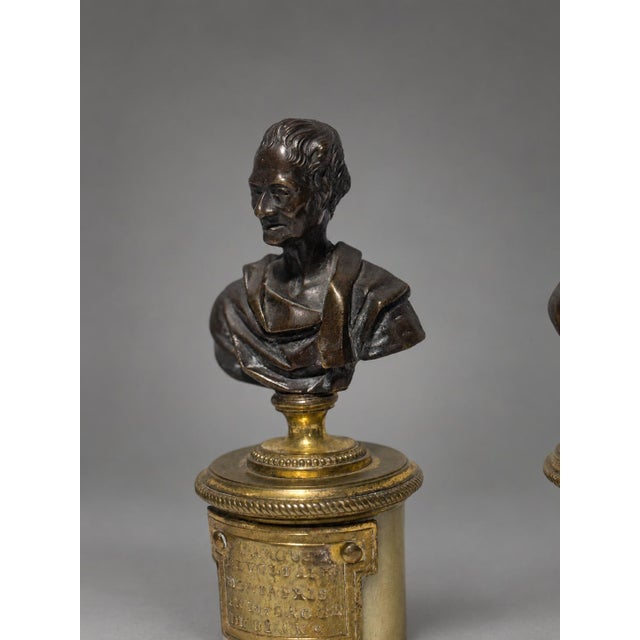 Metal François Sellier, Pair French Neoclassical Bronze Busts of Voltaire and Rousseau For Sale - Image 7 of 10
